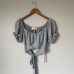 Ocean Drive Crop Top Waist Tie Ruffle Sleeves Short Sleeve Blue Womens Large NEW